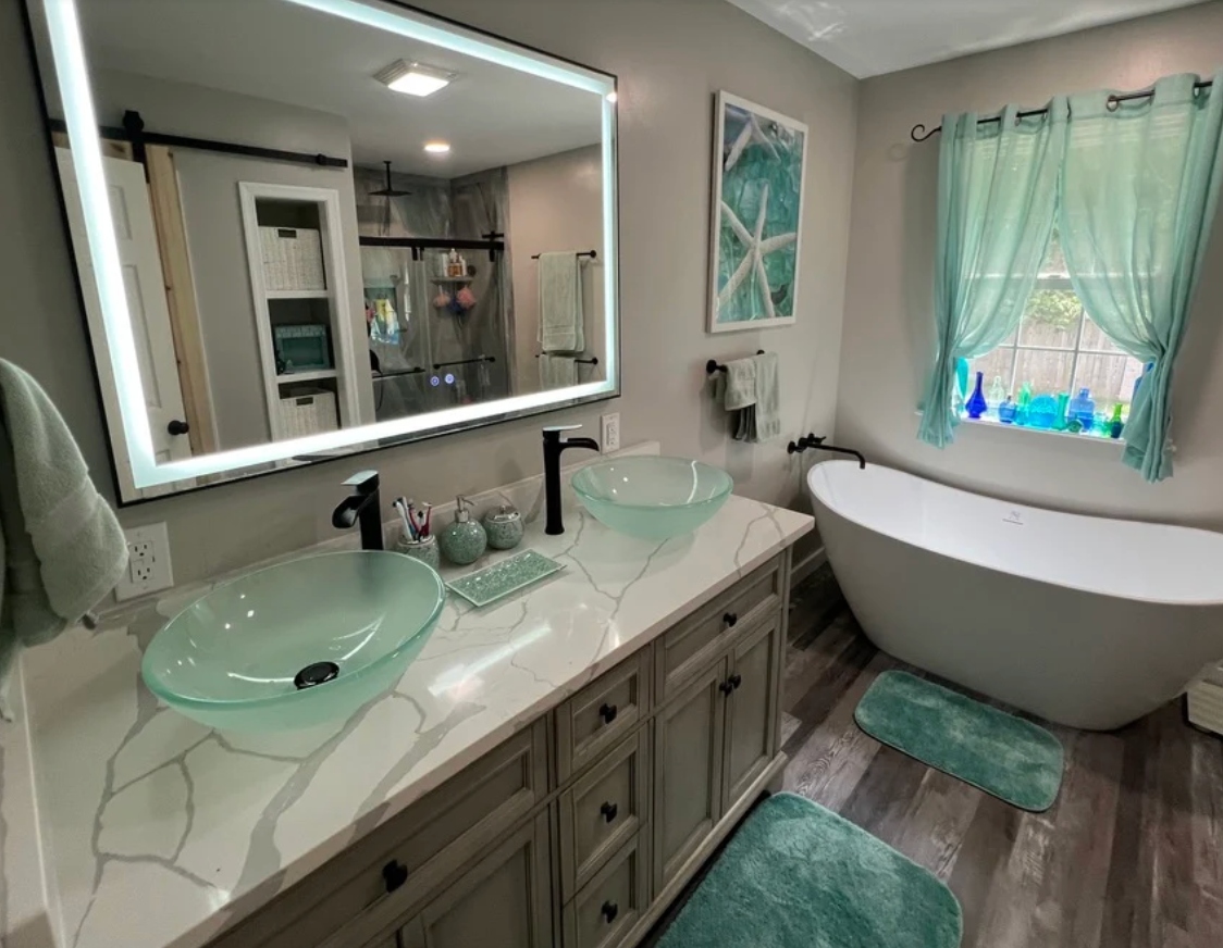 Bathroom remodel with double vanity and freestanding tub